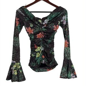 Caroline Constas Orange and Green Ruched lace Bell Sleeve Blouse Sz xs